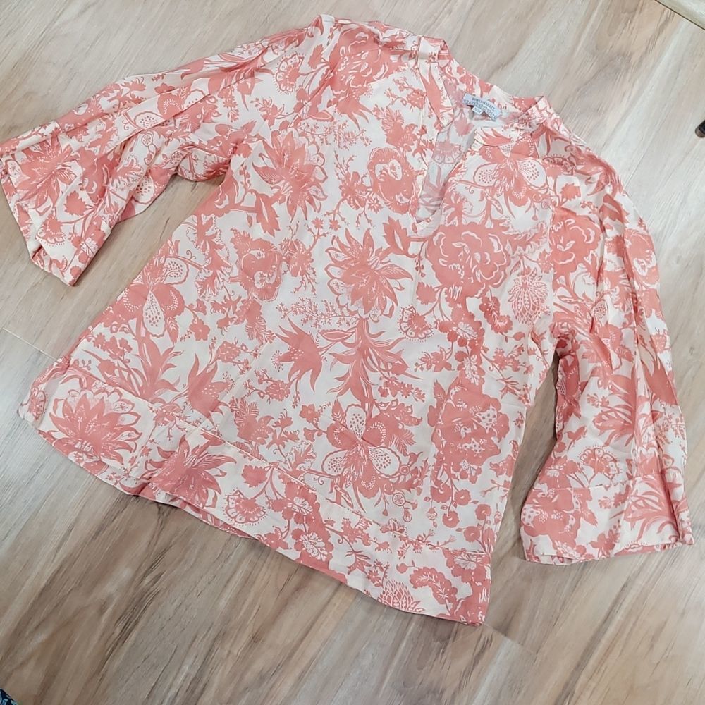 🔺️World Market Peach & Cream Boho Popover Wide Sleeve Blouse Small